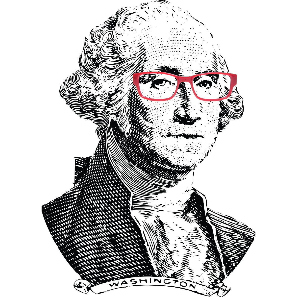 George Washington wearing a pair of red rectangular mens reading glasses