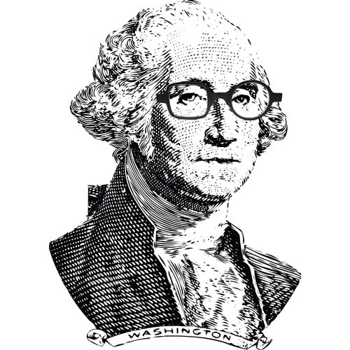 a pair of circle square reading glasses photoshopped onto George Washington