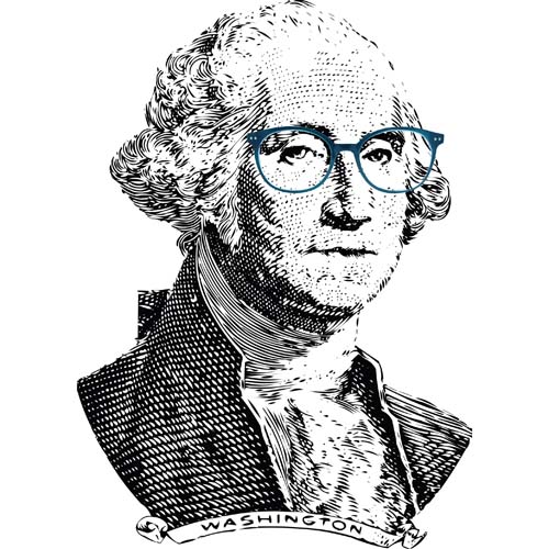 a pair of teal round readers photoshopped onto George Washington