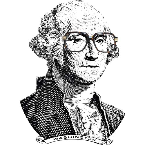 George Washington wearing a pair of gazelle style tortoise men's oversized reading glasses with gold trim on the front temple