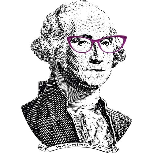 George Washington wearing purple plastic cat eye reading glasses