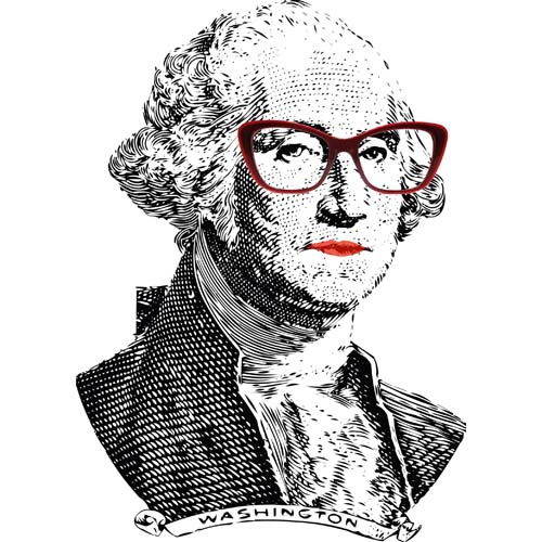 George Washington wearing oversized cat eye plastic two tone red reading glasses and red lipstick