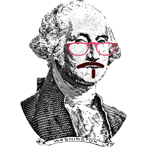 George Washington wearing a pair of pink half eye plastic readers with colorful tie dye pattern on the stems